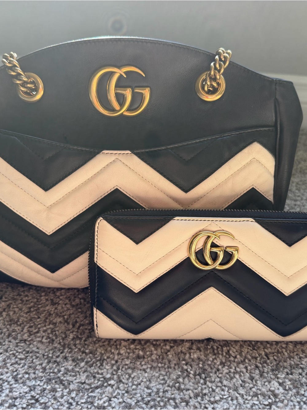 Gucci Black & Cream Chevron GG Tote with Matching Wallet
